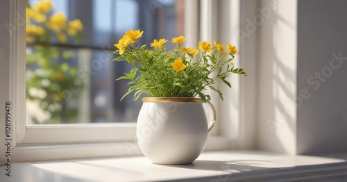 Wallpaper Mural Small white ceramic pot with delicate golden handle next to windowpane, decorative accent, window shelf Torontodigital.ca