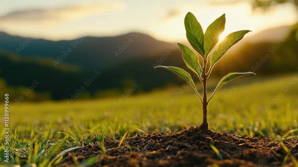 Fototapeta premium small green seedling emerges from rich soil against a backdrop of distant mountains illuminated by the warm light of the setting sun. Nature thrives in this tranquil environment