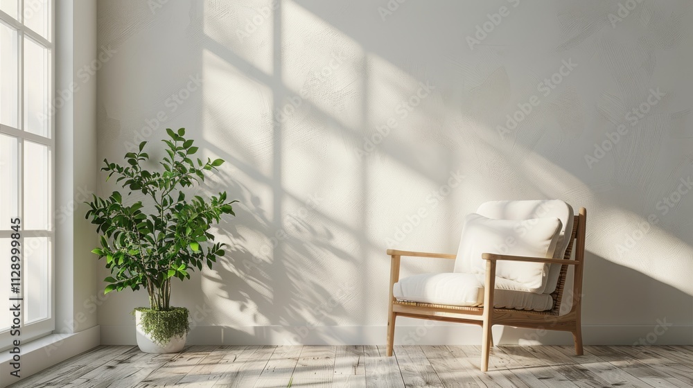 Chic interior showcasing a sleek armchair and a leafy plant beside a neutral plaster wall Chic interior showcasing a sleek armchair and a leafy plant beside a neutral plaster wall