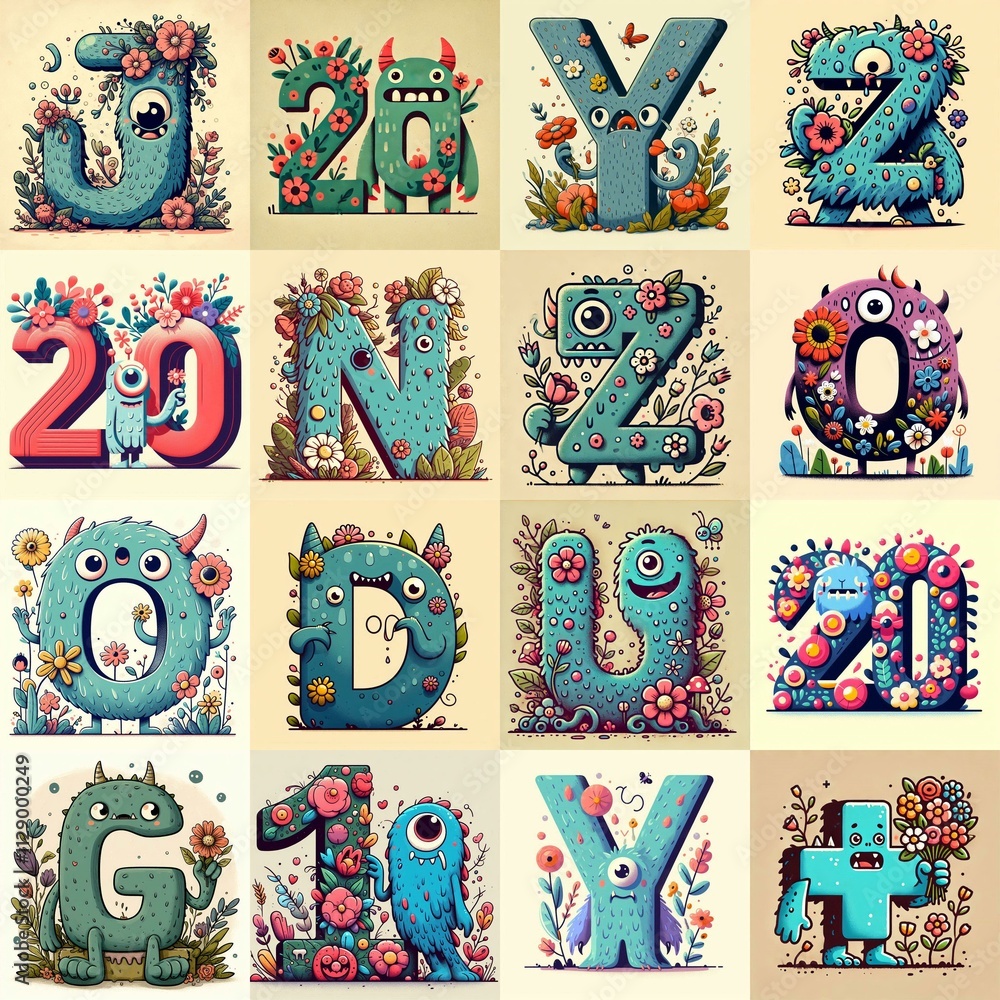 Obraz premium Cartoon Flowers Monster Lettering Typeface. AI generated illustration