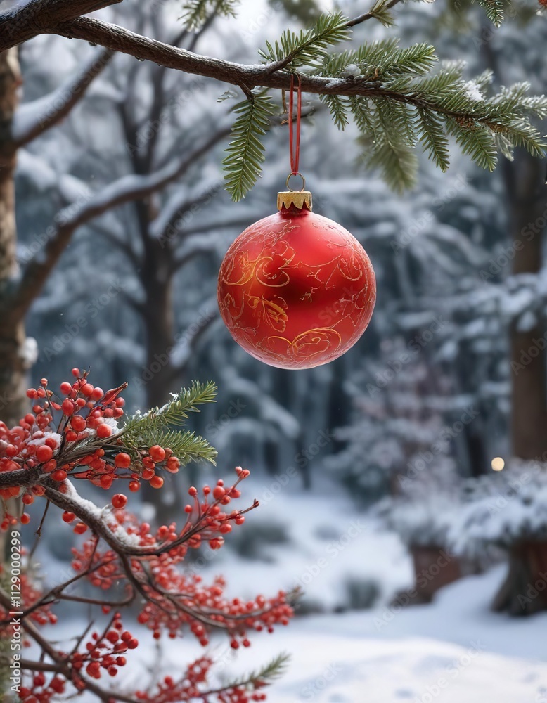 Ornament hanging from a thin branch amidst winter foliage, neutral tone, bare branches, winter foliage Ornament hanging from a thin branch amidst winter foliage, neutral tone, bare branches, winter foliage