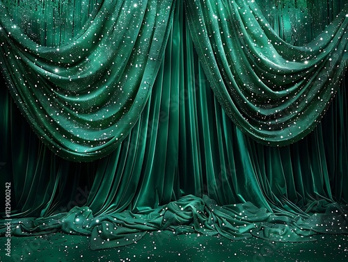 Emerald green velvet stage curtains with glittering snowflakes.