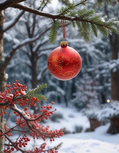 Ornament hanging from a thin branch amidst winter foliage, neutral tone, bare branches, winter foliage photo