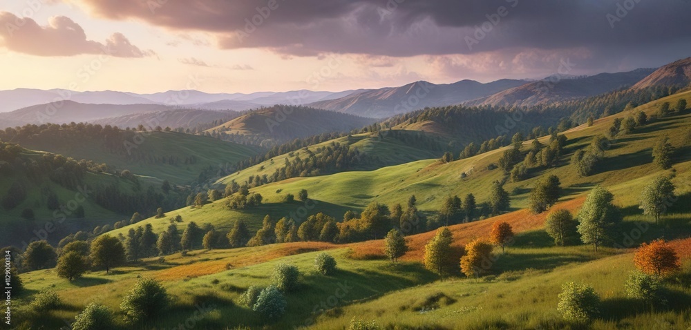 Fototapeta premium Forest and field patchwork in the rolling hills, hills, scenery