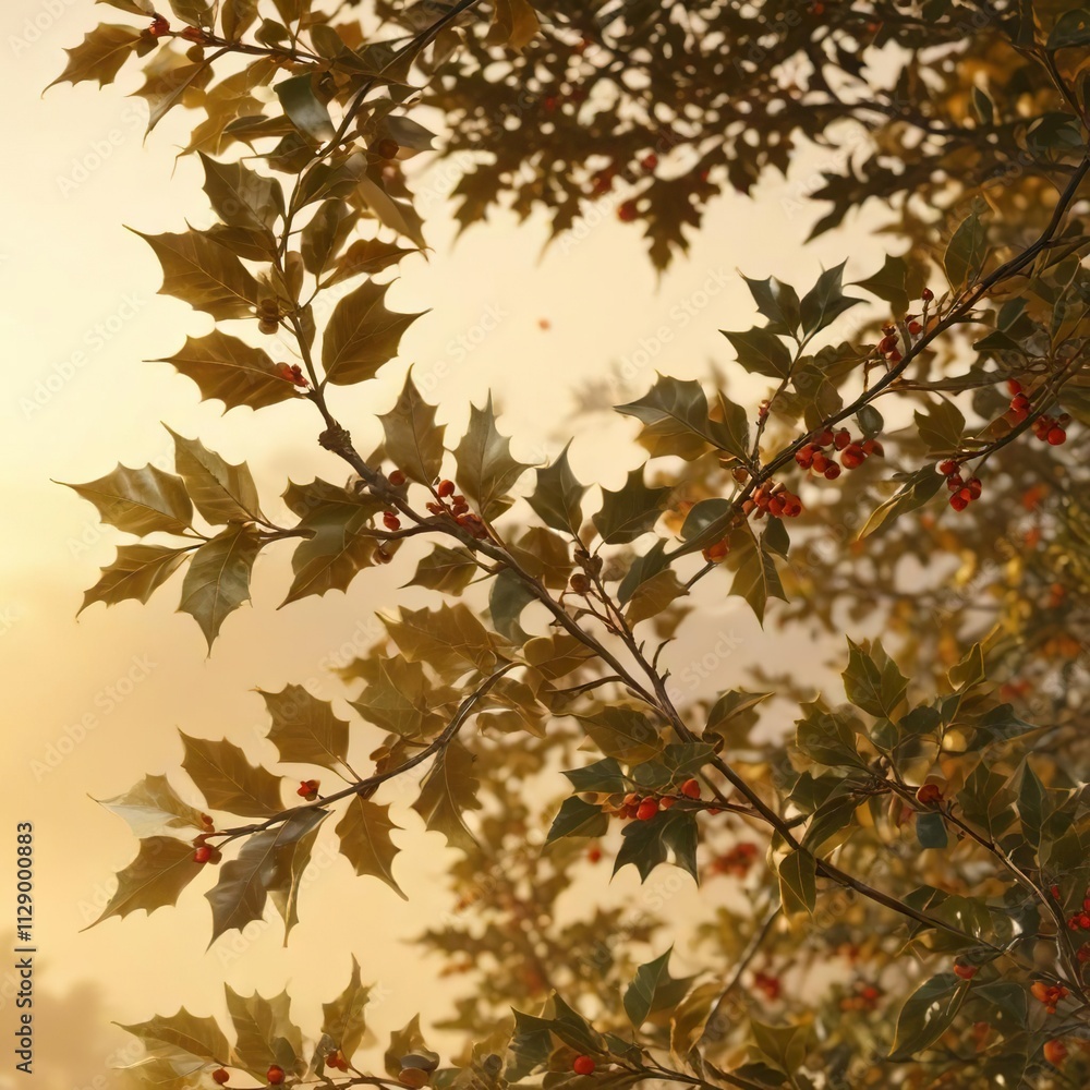 Fading outline of holly branches against a warm golden light, rustic decor, soft focus light Fading outline of holly branches against a warm golden light, rustic decor, soft focus light