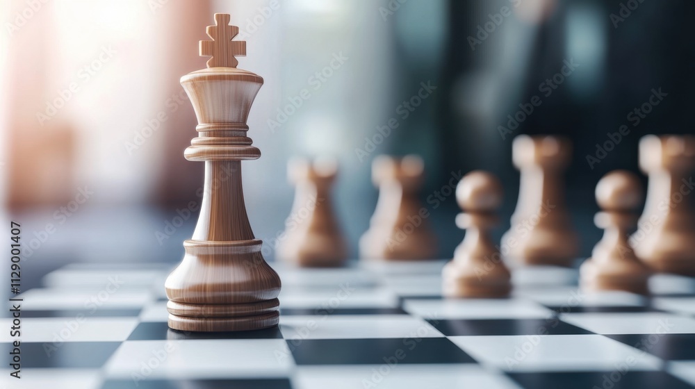 A close-up of a wooden king chess piece on a black and white chessboard, with blurred pieces in the background, symbolizing strategy and competition. A close-up of a wooden king chess piece on a black and white chessboard, with blurred pieces in the background, symbolizing strategy and competition.