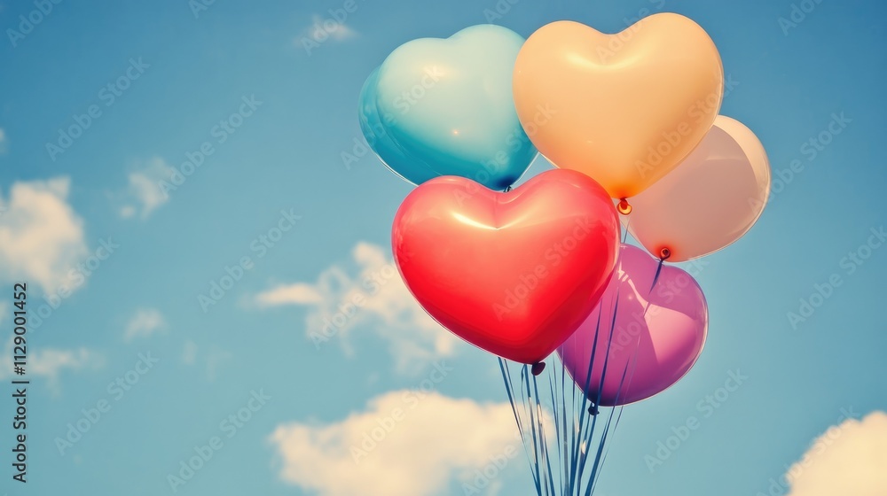 A heart-shaped balloon bouquet floating against a blue sky A heart-shaped balloon bouquet floating against a blue sky