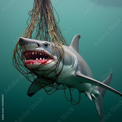 young shark trapped in an illegal fishing net, its body tangled and bleeding. The ocean around it is empty and lifeless, net cutting into its skin as it struggles to break free from its ensnarement photo