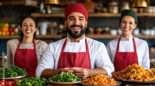 In a bustling kitchen, three chefs wearing red and green hats smile joyfully while showcasing an array of fresh vegetables and colorful prepared dishes ready for service