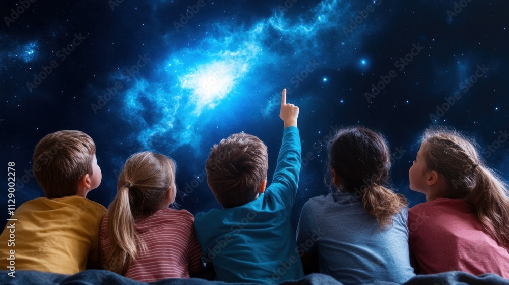 group of children sit together in a cozy room, gazing at a cosmic display. They point excitedly at the bright stars and nebulae projected on the wall, sparking curiosity and wonder group of children sit together in a cozy room, gazing at a cosmic display. They point excitedly at the bright stars and nebulae projected on the wall, sparking curiosity and wonder