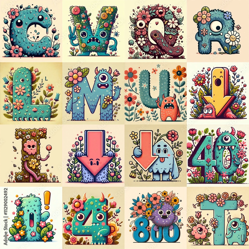 Fototapeta premium Cartoon Flowers Monster Lettering Typeface. AI generated illustration