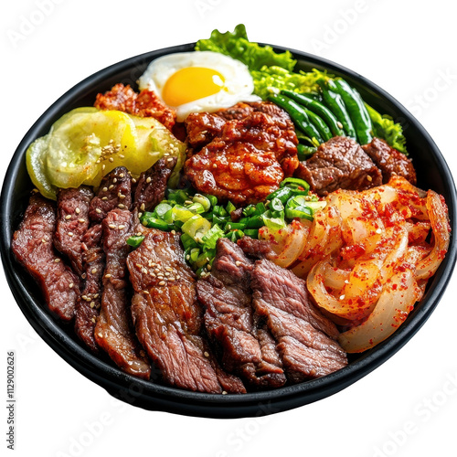 Delicious Korean beef bowl with assorted toppings. transparent background