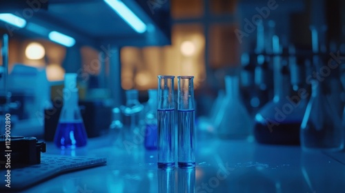 Wallpaper Mural Two test tubes with blue liquid on a lab bench, surrounded by various lab equipment under blue lighting. Torontodigital.ca