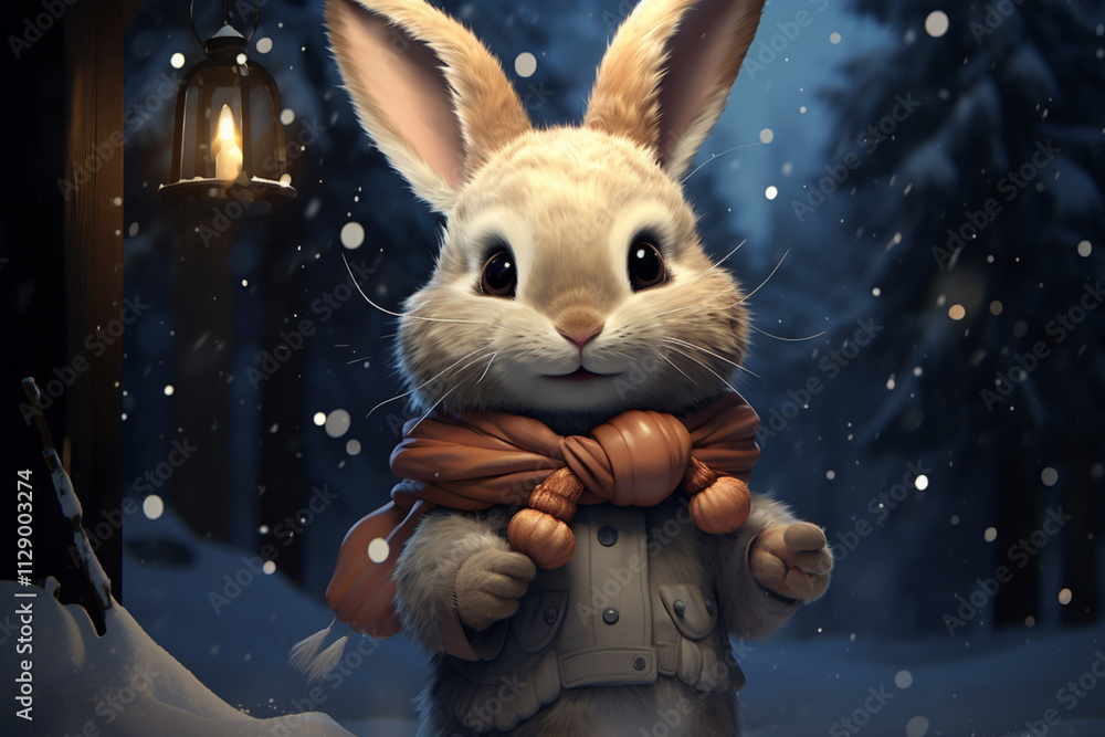 bunny in a scarf and jacket in winter, cartoon style.