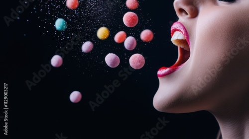 A close-up of a woman's mouth open wide, as colorful candy pieces fly towards it, creating a playful and dynamic scene. photo