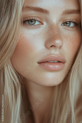 Close-up Portrait of a Blonde Woman with Radiant Skin and Natural Makeup