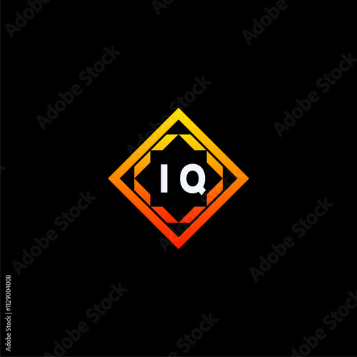 Free Download IQ initials dynamic geometric logo design features a bold lettering sign in an orange and black color scheme, displayed against a dark background - GFXLoad