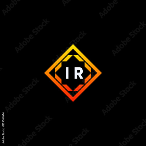 IR initials dynamic geometric logo design features a bold lettering sign in an orange and black color scheme, displayed against a dark background