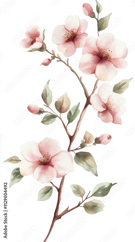 Fototapeta premium A delicate branch of pink flowers with green leaves, showcasing soft petals and budding blooms against a light background.