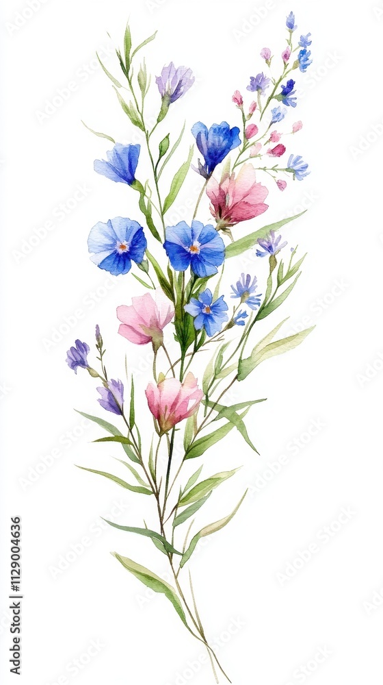 Obraz premium A vertical arrangement of delicate blue and pink flowers with green leaves, showcasing a soft, natural aesthetic.