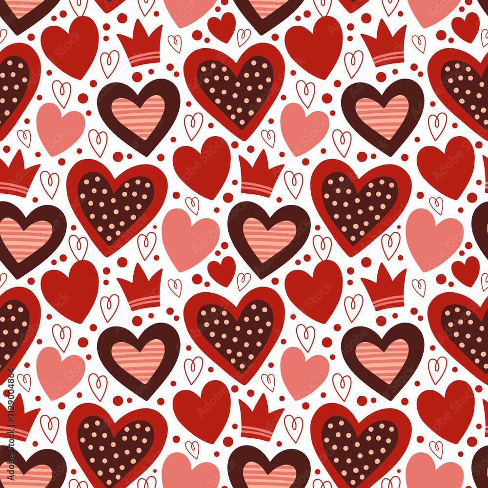 Seamless pattern of simple red hearts isolated on white for wrapping paper or fabric. Hand drawn style. Vector illustration. Seamless pattern of simple red hearts isolated on white for wrapping paper or fabric. Hand drawn style. Vector illustration.