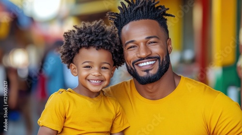 smiling father holds his cheerful son, both wearing matching yellow shirts. They are surrounded by a lively market filled with bright colors and the warmth of a sunny afternoon photo