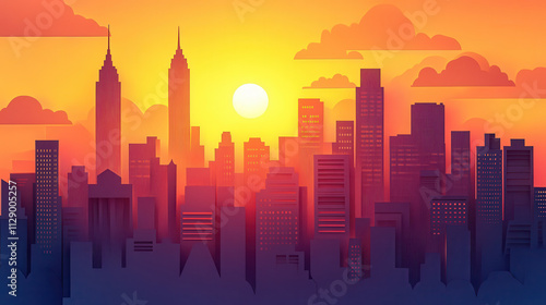 serene paper cut city skyline at sunset with vibrant colors