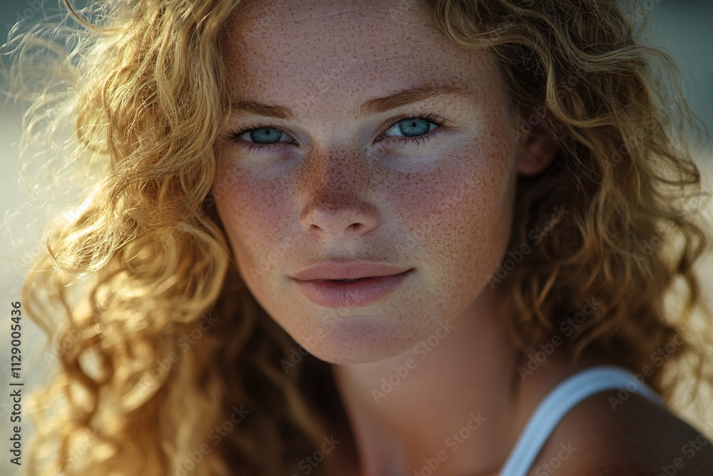 Young woman with long blond curly hair, blue eyes, freckles, standing on beach edge in Australia, white tank top, sunlight highlighting her face 5 Young woman with long blond curly hair, blue eyes, freckles, standing on beach edge in Australia, white tank top, sunlight highlighting her face 5