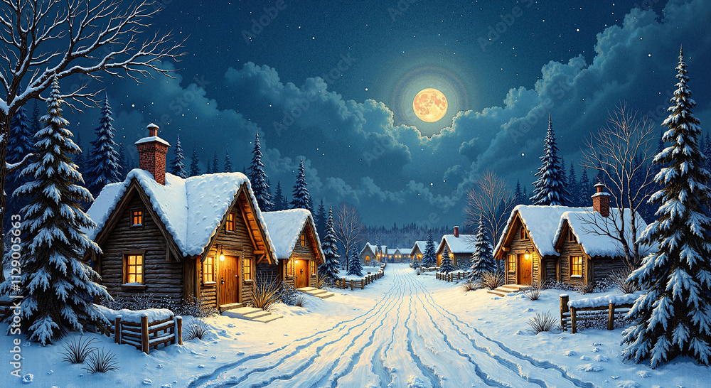 Fototapeta premium Charming winter village scene under a full moon with snow-covered cottages