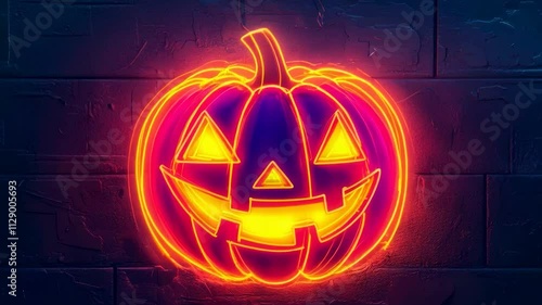Neon pumpkin jack on a wall.
