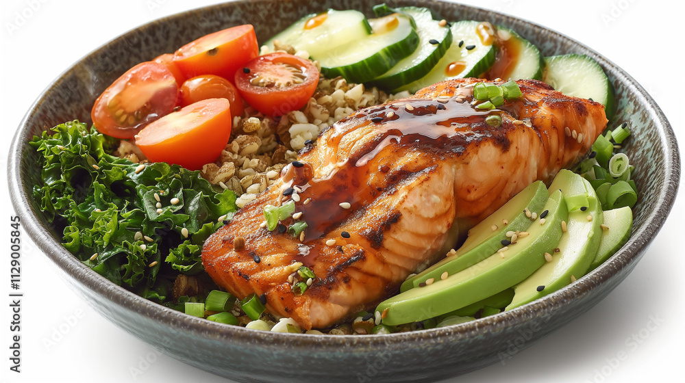 Power bowl. Grilled salmon on brown rice with vegetables. Power bowl. Grilled salmon on brown rice with vegetables.