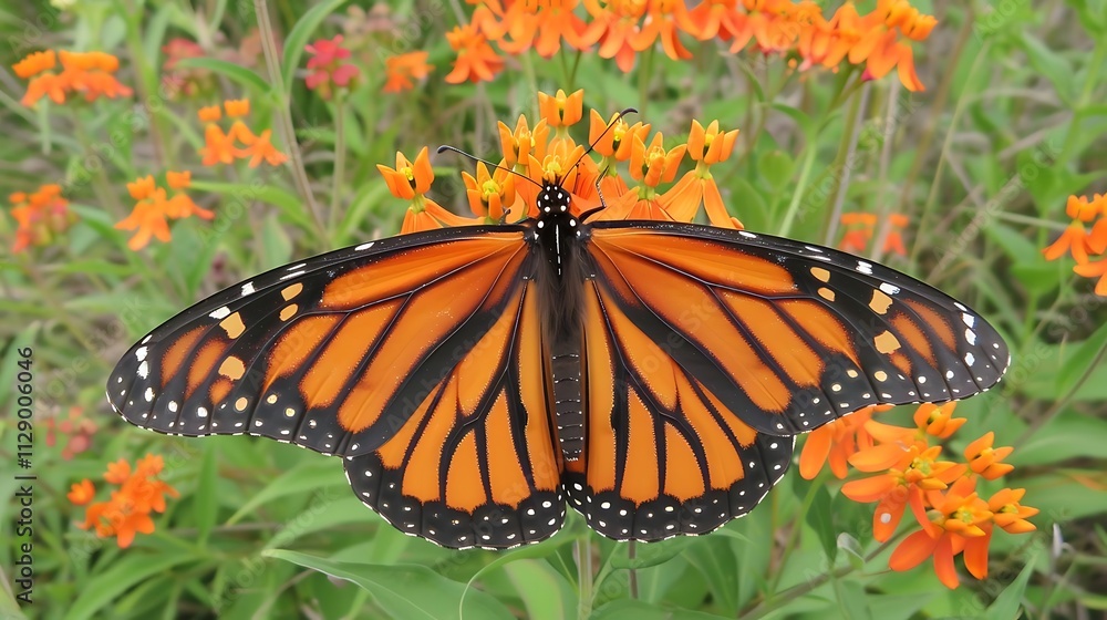 Obraz premium Monarch butterfly with wings spread wide, perched on vibrant orange flowers.