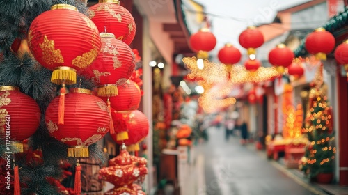 A vibrant street scene with red lanterns and decorations for Chinese New Year photo