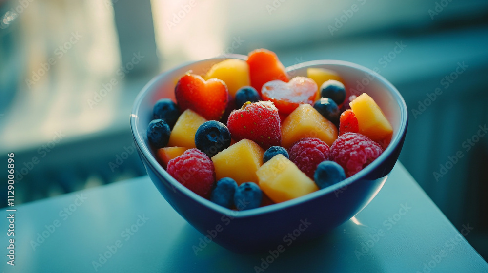 Colorful fruit bowl filled with berries and melon pieces on a sunny windowsill Colorful fruit bowl filled with berries and melon pieces on a sunny windowsill
