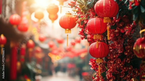 A vibrant street scene with red lanterns and decorations for Chinese New Year photo