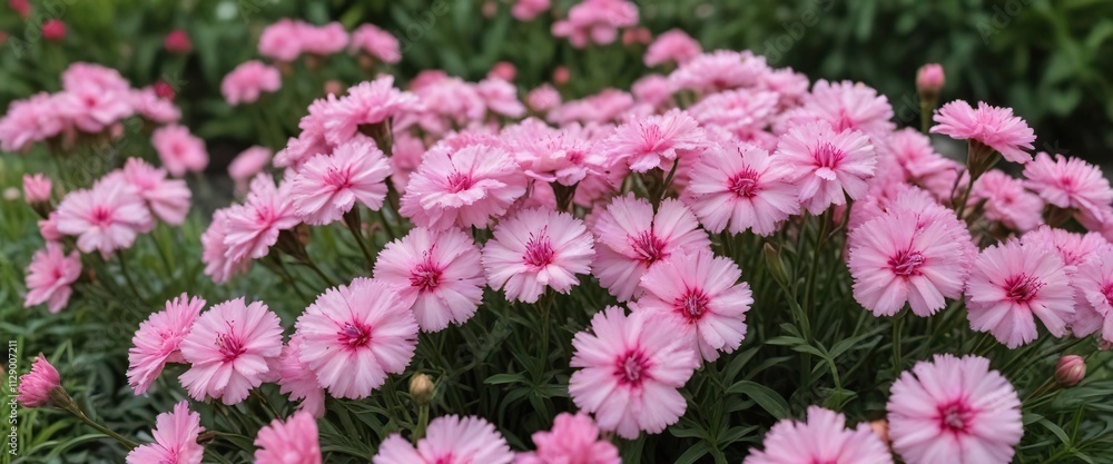 Pastel pink Dianthus plumarius blooms in a garden bed, spring flowers, garden decor, perennial flowers