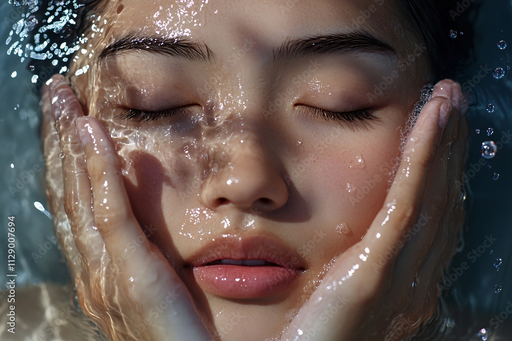 A photorealistic close-up of a 21-year-old Asian woman washing her face with water, her hands gently cradling her face, water droplets falling around her, eyes closed, lips slightly parted 4 A photorealistic close-up of a 21-year-old Asian woman washing her face with water, her hands gently cradling her face, water droplets falling around her, eyes closed, lips slightly parted 4