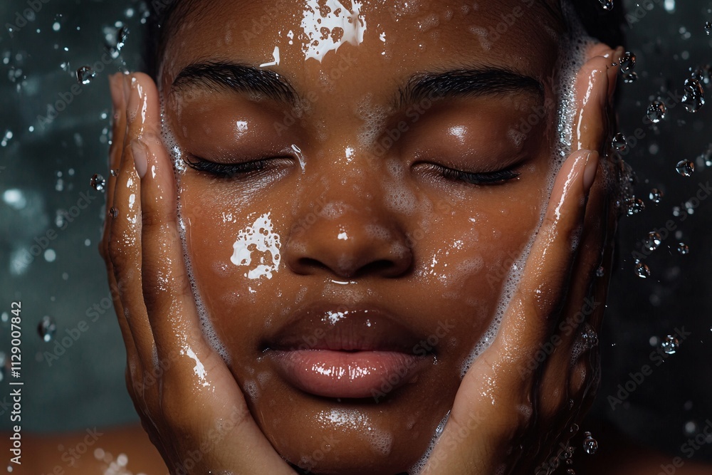 A photorealistic close-up of a 21-year-old African woman washing her face, her hands gently cradling her face, water droplets falling around her, eyes closed in relaxation, glowing skin 4 A photorealistic close-up of a 21-year-old African woman washing her face, her hands gently cradling her face, water droplets falling around her, eyes closed in relaxation, glowing skin 4