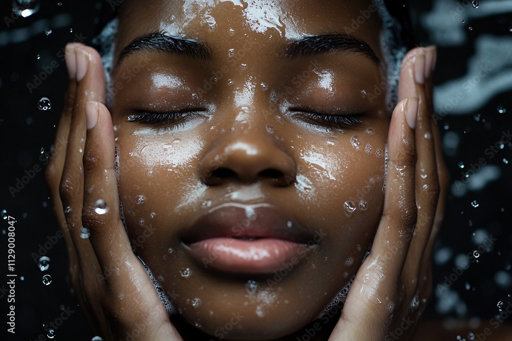 A photorealistic close-up of a 21-year-old African woman washing her face, her hands gently cradling her face, water droplets falling around her, eyes closed in relaxation, glowing skin 1 A photorealistic close-up of a 21-year-old African woman washing her face, her hands gently cradling her face, water droplets falling around her, eyes closed in relaxation, glowing skin 1