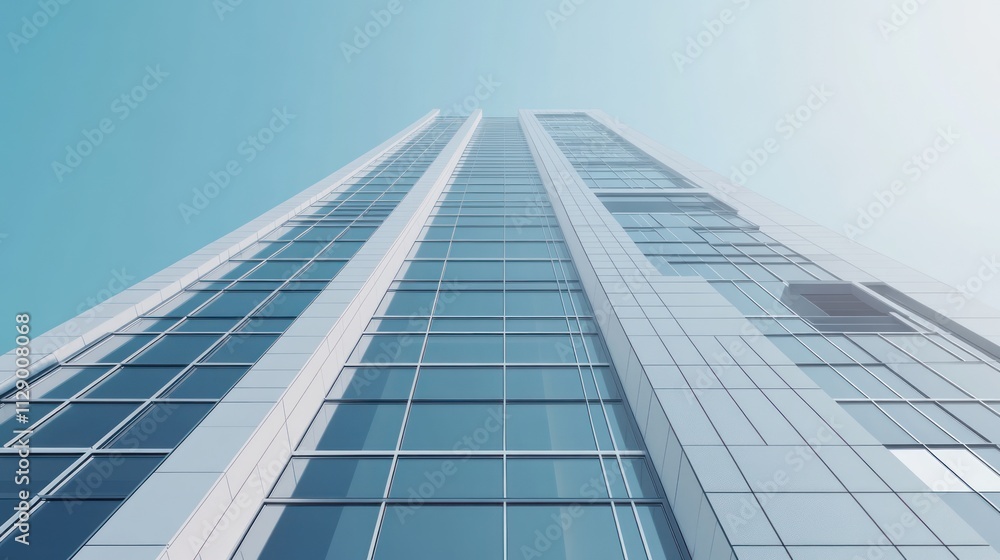 Low angle view of a modern glass skyscraper against a clear blue sky. Low angle view of a modern glass skyscraper against a clear blue sky.
