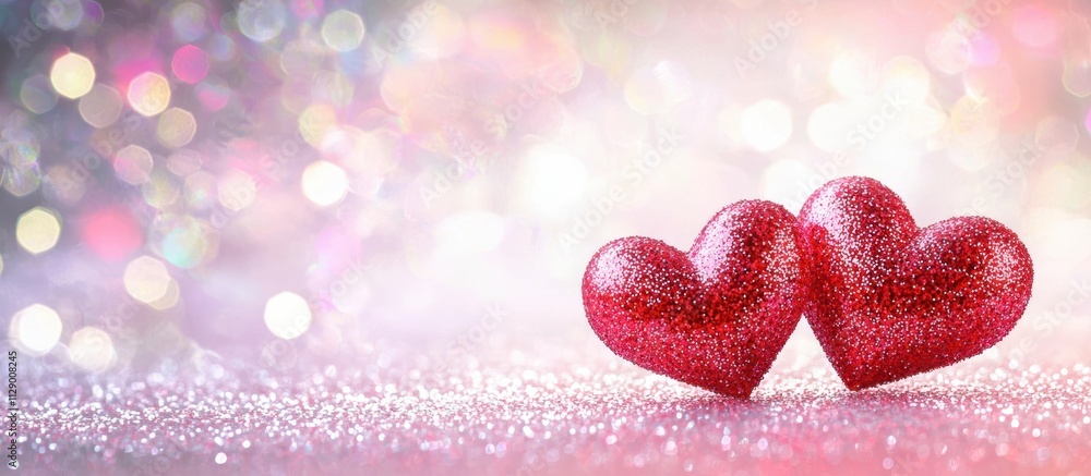 Two red hearts on a pink glittery background with bokeh lights for a Valentine's Day banner template, with copy space. Two red hearts on a pink glittery background with bokeh lights for a Valentine's Day banner template, with copy space.
