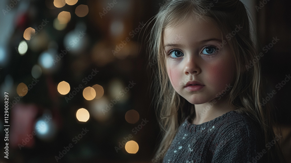 Young child gazes thoughtfully while surrounded by festive holiday lights Young child gazes thoughtfully while surrounded by festive holiday lights