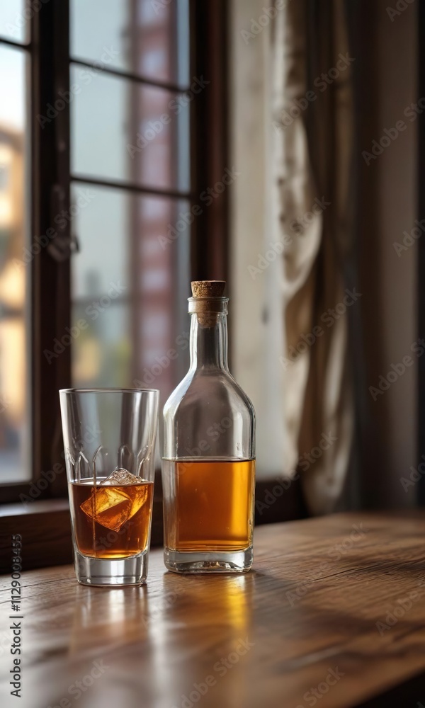 Dirty table with a bottle of liquor and an empty glass on the windowsill, cluttered space, empty glass Dirty table with a bottle of liquor and an empty glass on the windowsill, cluttered space, empty glass