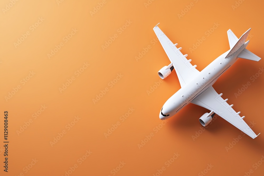 A sleek, modern airplane model rests against a vibrant orange background, symbolizing travel and adventure. Perfect for themes of aviation, tourism, and transport. A sleek, modern airplane model rests against a vibrant orange background, symbolizing travel and adventure. Perfect for themes of aviation, tourism, and transport.