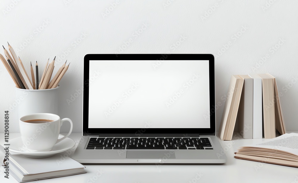 A modern workspace featuring a laptop, a cup of coffee, and neatly arranged books. The clean and minimalistic design creates a serene environment for productivity and creativity. A modern workspace featuring a laptop, a cup of coffee, and neatly arranged books. The clean and minimalistic design creates a serene environment for productivity and creativity.