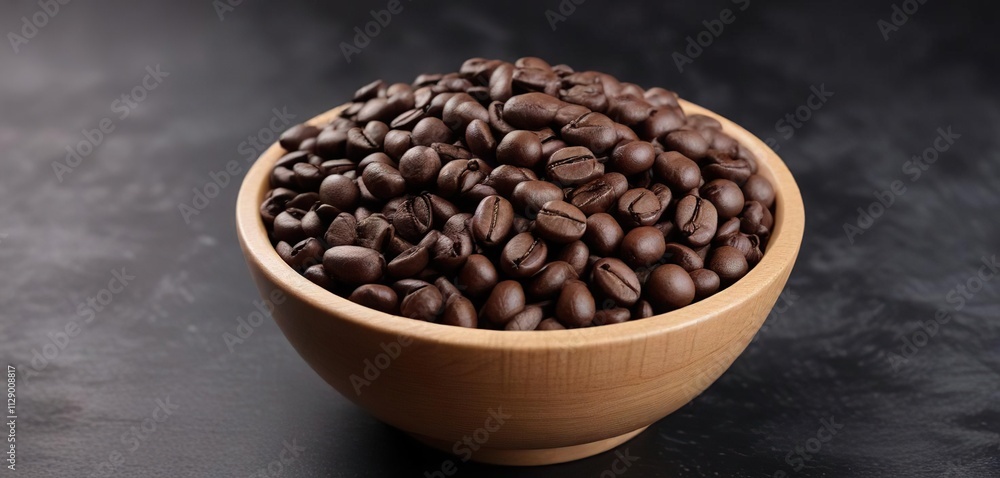 Fototapeta premium Coffee beans in a wooden bowl against a dark background, contrasting colors, bold textures