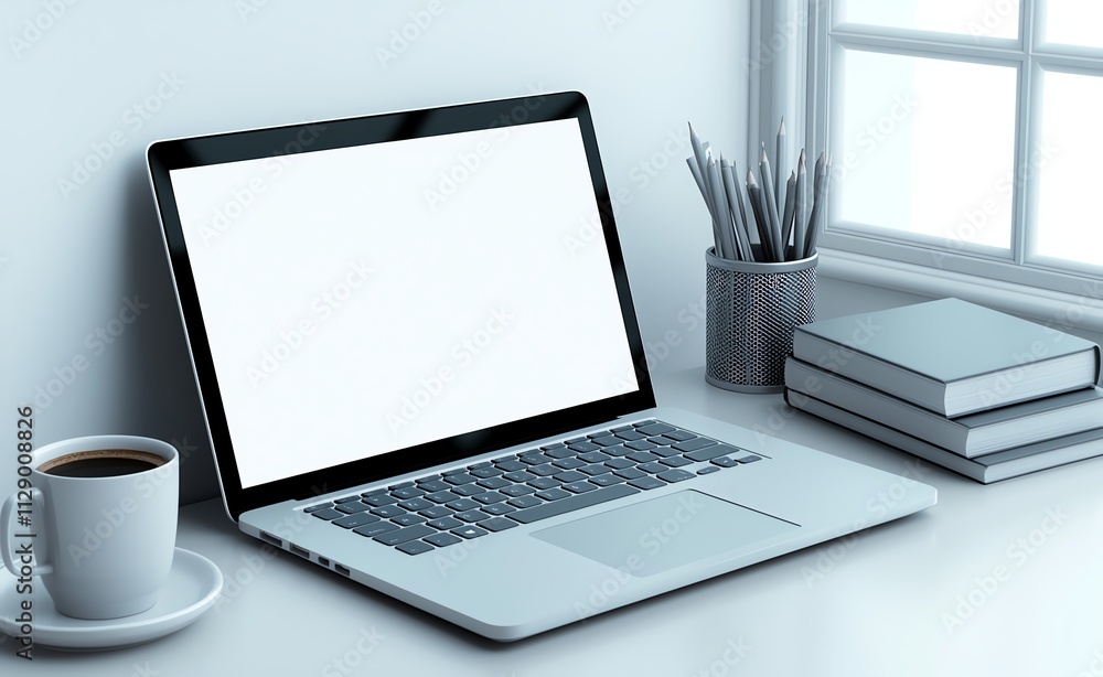 A modern workspace featuring a sleek laptop, a cup of coffee, and neatly stacked books, all bathed in natural light from a nearby window. Ideal for showcasing productivity. A modern workspace featuring a sleek laptop, a cup of coffee, and neatly stacked books, all bathed in natural light from a nearby window. Ideal for showcasing productivity.