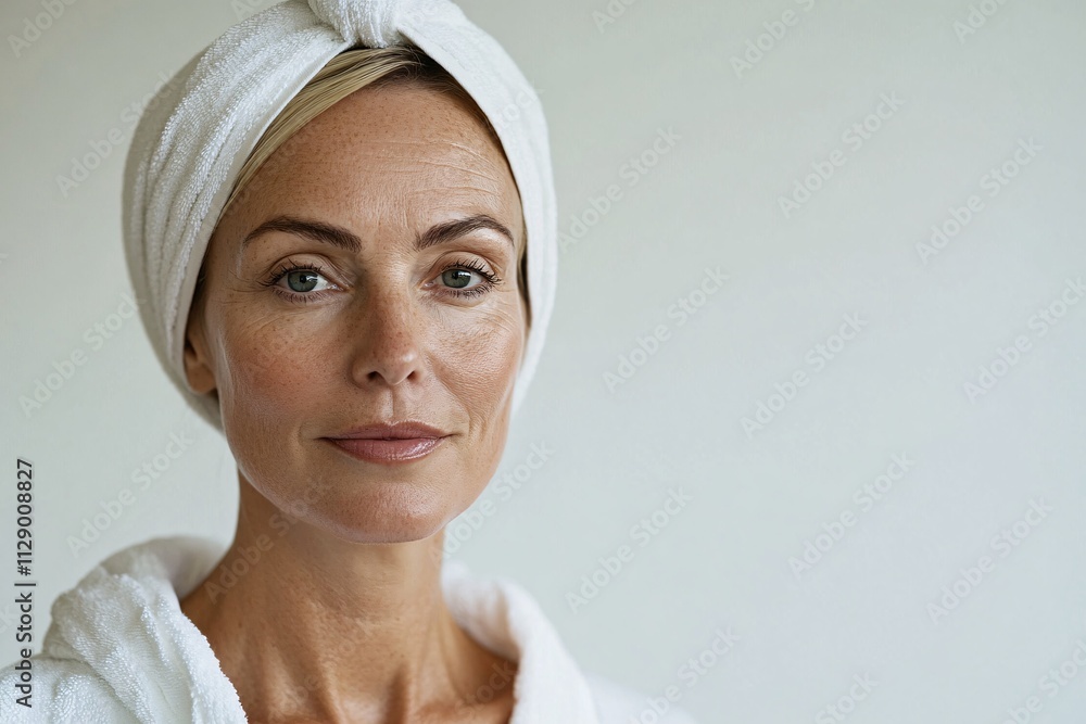 A middle-aged woman with a towel wrapped on her head, isolated against a minimalist background, looking confident and serene, with soft lighting casting gentle shadows on her face 3 A middle-aged woman with a towel wrapped on her head, isolated against a minimalist background, looking confident and serene, with soft lighting casting gentle shadows on her face 3