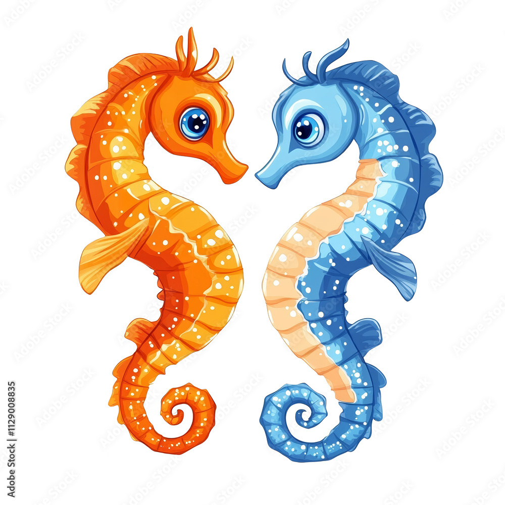 Obraz premium Underwater Love. Cartoon Orange and Blue Seahorses