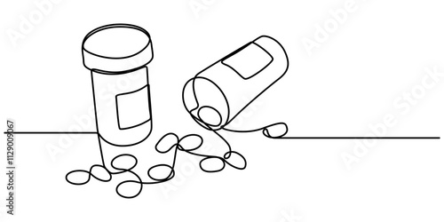 Continuous Line Drawing of Medicine Pills Icon. Hand Drawn Symbol Vector Illustration, Continuous one line drawing of medicine pills or capsule bottle. Simple illustration of medical drug pharmacy. 